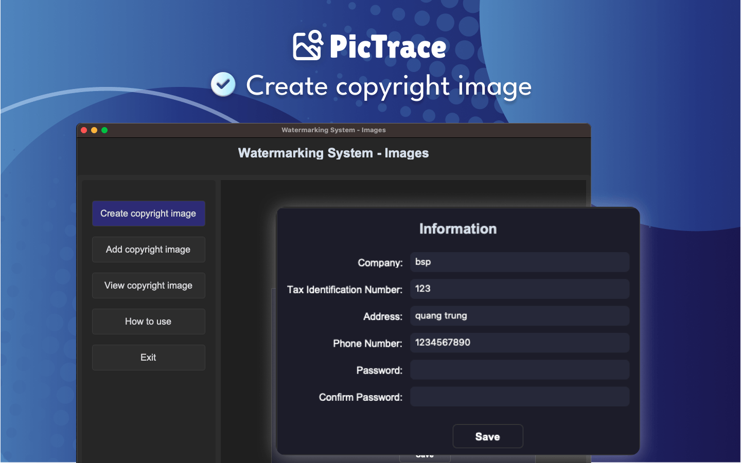 PicTrace copyright creation interface