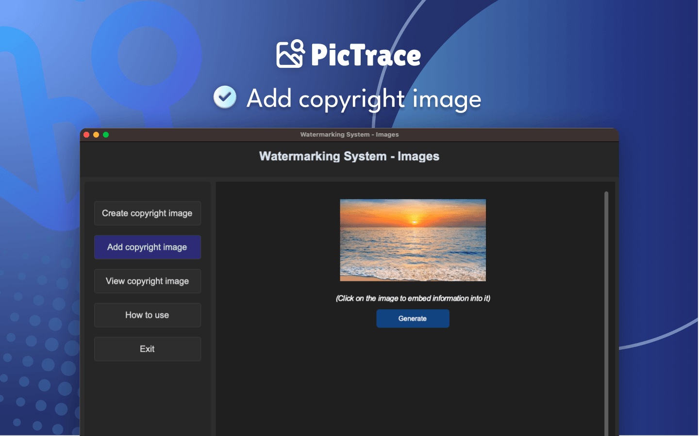 PicTrace copyright embedding interface