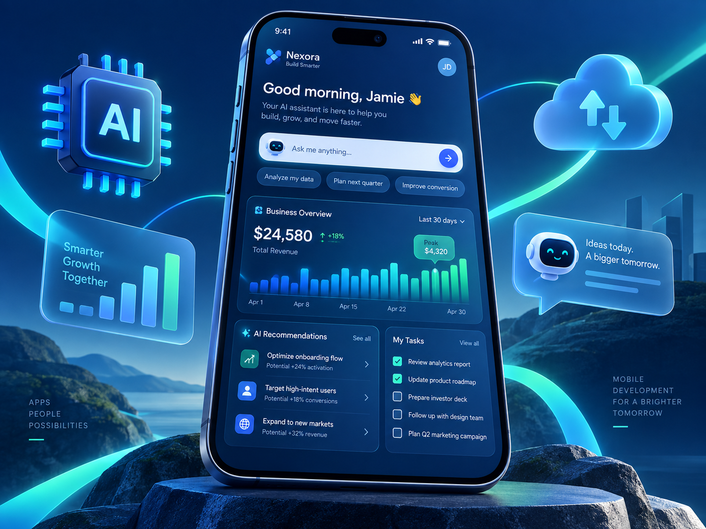 AI-enabled mobile application with business insights and productivity tools