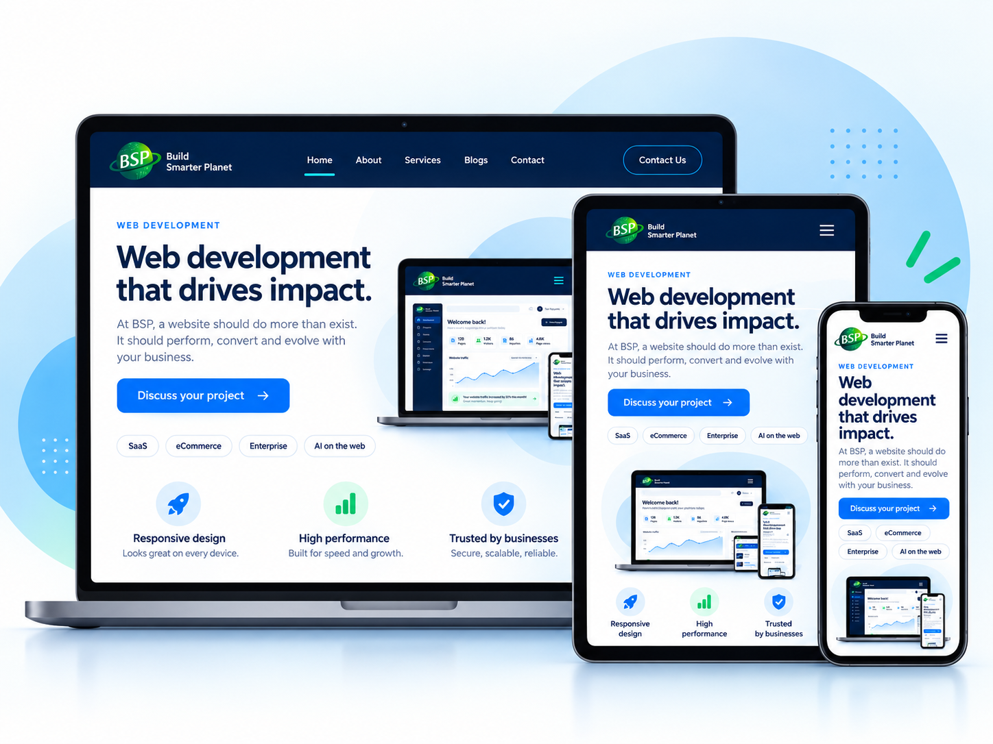 A responsive website displayed across laptop, tablet and smartphone screens