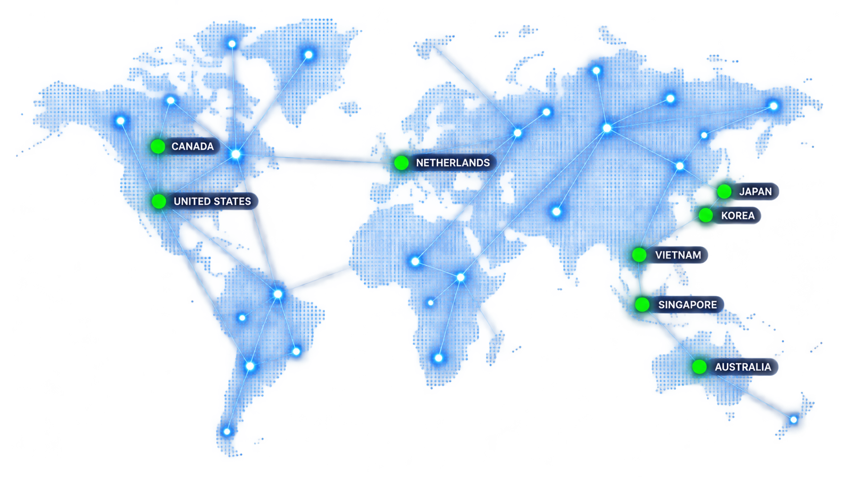 World map illustrating BSP's international client presence in Canada, the United States, the Netherlands, Japan, Korea, Vietnam, Singapore, and Australia